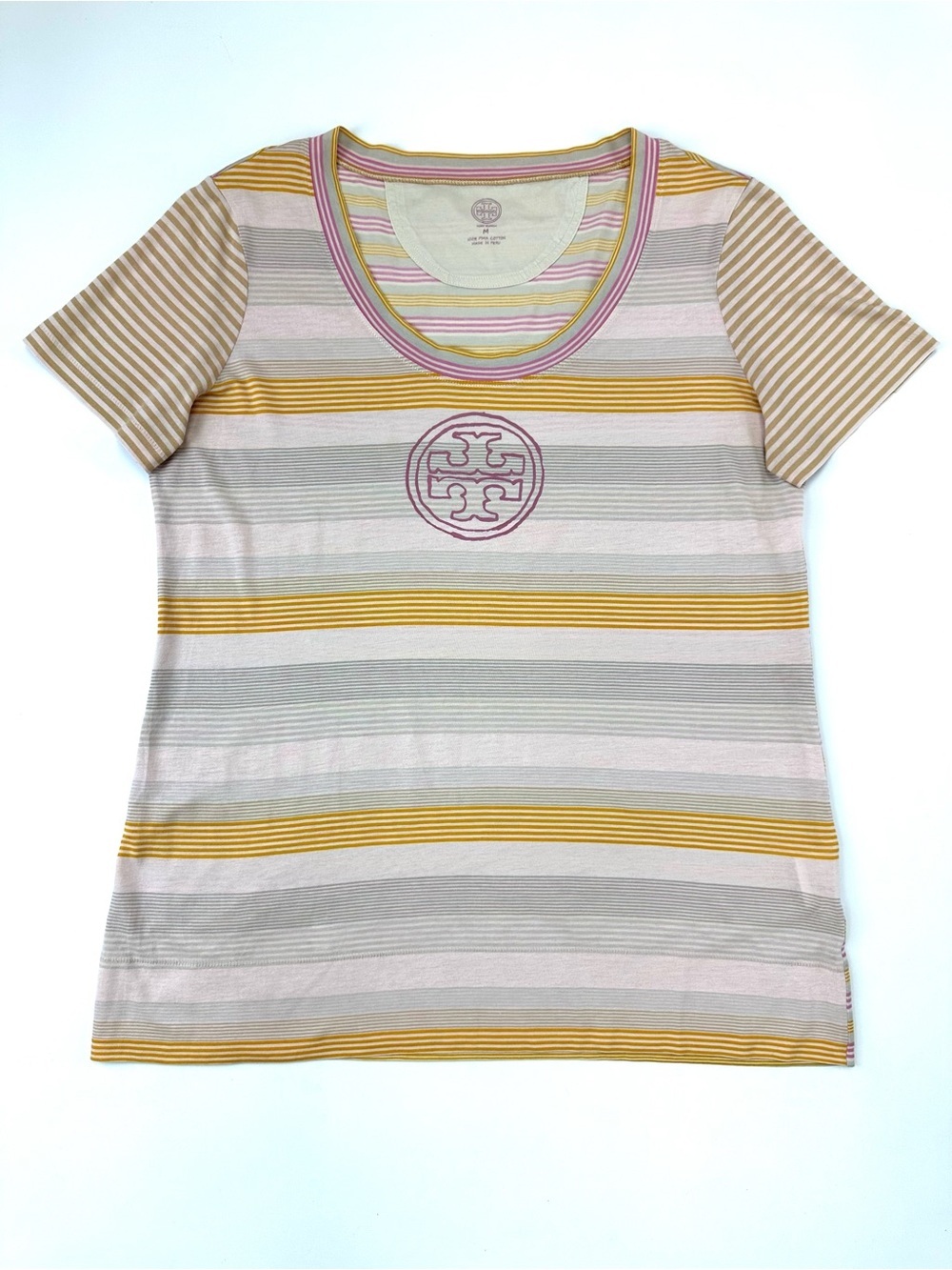 Tory Burch Pima Cotton Logo Stripe Tee Pink Yellow Medium